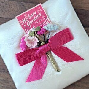 Vintage Herbary Gardens Satin Sachet Pink Ribbon Floral Drawer Freshener Display